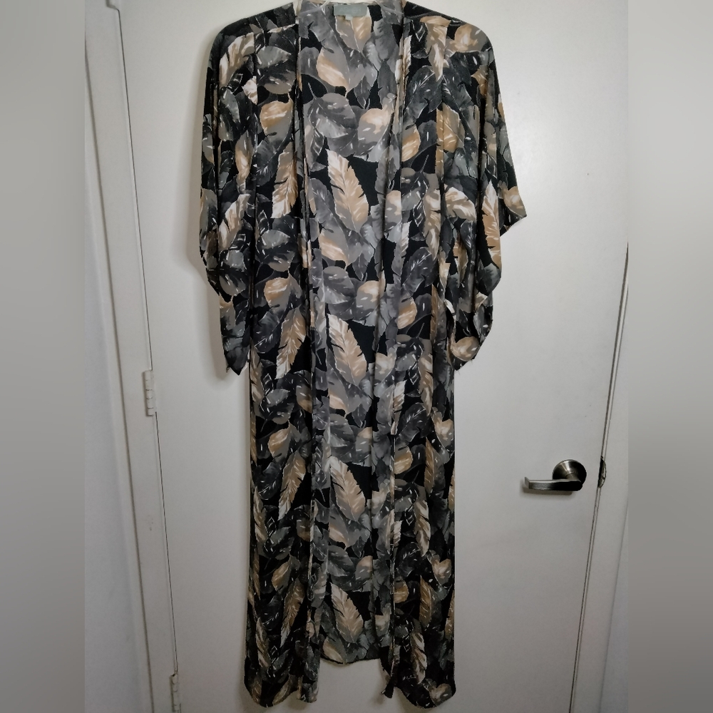ASHER (Size S) Multicolor Semi-sheer Leaf Pattern Kimono Sleeves Duster Cardigan